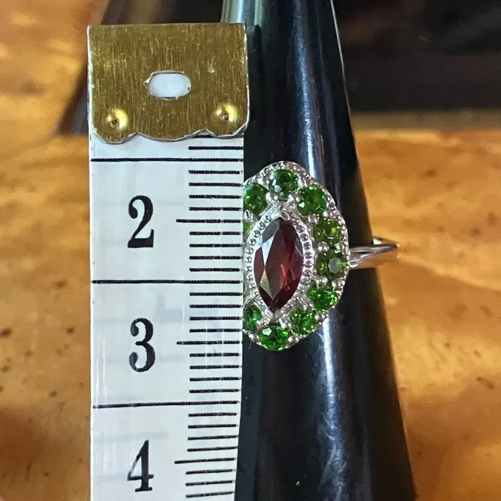 Natural Red Garnet Chrome Diopside Sterling Silver Halo Ring Size 7
